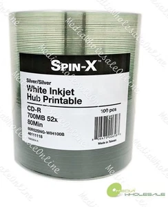 100 Spin-X CD-R 700MB 52x 80Min - White Inkjet Hub Printable Blank Media Disc - Picture 1 of 2