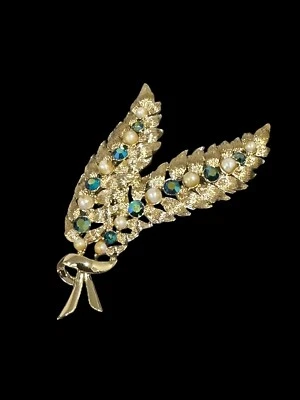 Vintage Feather Brooch Faux Pearl & Blue AB Rhinestones 2.5" Tall - Image 1 of 4