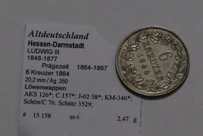 🧭 🇩🇪 GERMANY HESSE-DARMSTADT 6 KREUZER 1864 SILVER SHARP DETAILS B79 #5812 - Image 1 of 3
