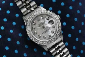Ladies Rolex Datejust 26 mm White Mother of Pearl Dial Diamond Bezel Steel Watch - Picture 1 of 8