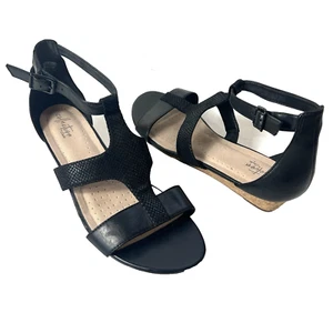 Clarks Collection Women 10M Black Leather Cork Heel Summer Comfort Casual Sandal - Picture 1 of 11