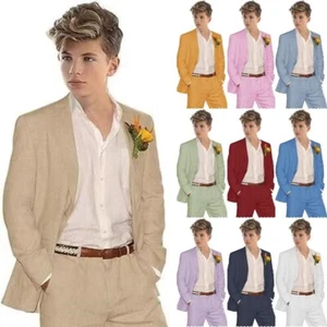 Linen Boys Suits Tuxedo Suit Set for Teen Kids Blazer Vest Pants 2 Pieces Beach - Picture 1 of 31
