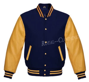 Chaqueta Letterman Bomber Varsity Azul Marino Lana y Cuero Dorado Genuino Mangas - Imagen 1 de 4