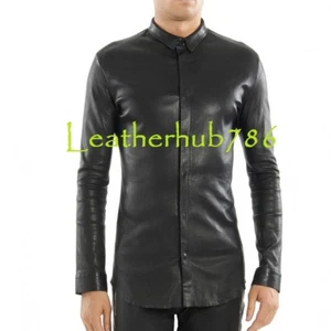 Men Collar Shirt Soft Black Genuine Lambskin Leather Party Casual Plain Wear 436 - Picture 1 of 4