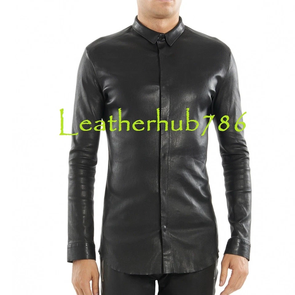Men Collar Shirt Soft Black Genuine Lambskin Leather Party Casual Plain Wear 436 - Image 1 of 4
