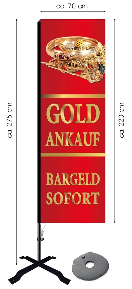 FELIXFLAGGEN Beachflag Gold Ankauf ca. 275 cm Werbung Flagge Banner Silber Altgold Zahngold