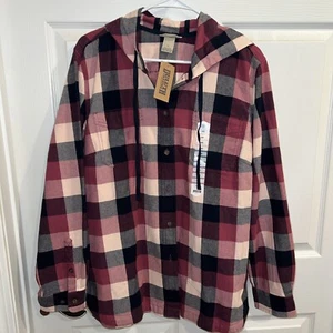 Duluth Trading Women's Free Swingin' Flannel Hooded Shirt Size L Mauve 23300 NWT - Picture 1 of 6