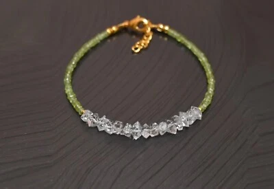 Green Periodt+White Herkimer Diamond Quartz Gemstone Beads Bracelet 7"  - Image 1 of 4