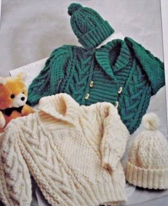 ARAN WOOL BABY SWEATER/JUMPER, CARDIGAN & BOBBLE HAT KNITTING PATTERN 20"-26" - Picture 1 of 1