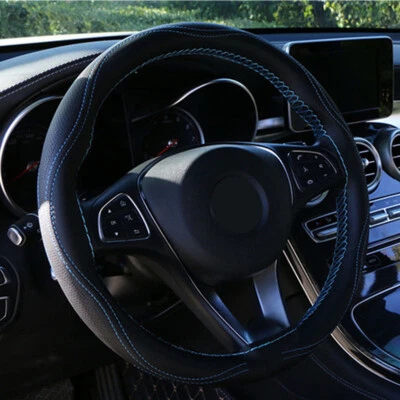 Leather Car Steering Wheel Cover Breathable Auto Protection W/Needle Black/Blue - Image 1 of 4