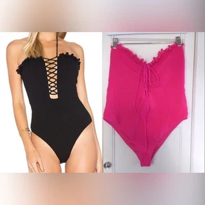 Costume da bagno Lovers & Friends Come Aboard pezzo unico rosa con pom pom - Taglia L - Foto 1 di 9