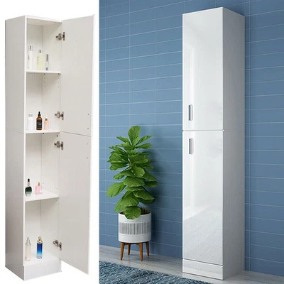 Furniture Tall Cupboard White Unit Gloss 4 Tier Cabinet High Bathroom Storage UK - Image 1 of 4