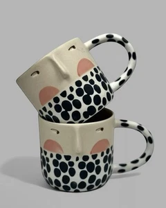 ANTHROPOLOGIE Fotini Tikkou Face Mug Set 2 Nose Visage Stoneware Polka Dot - Picture 1 of 4