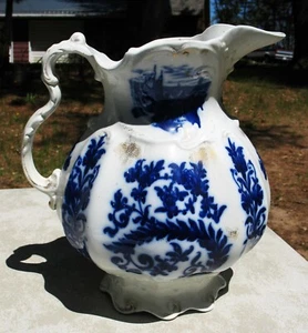 Ant. English Flow Blue Pottery Pitcher from Pitcher + Bowl Set Zuyder Hanley - Picture 1 of 16