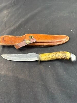 antique stag handle hunting knife fixed blade quality with sheeth belgium ? - Image 1 of 4