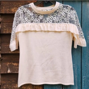 Merino Wool Knit Sweater Lace Ruffle Ivory XS Elie Tahari - Picture 1 of 13