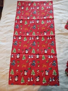 Red Christmas Fabric Dolls Snowmen Trees Presents Cotton 29 X 14 - Picture 1 of 9