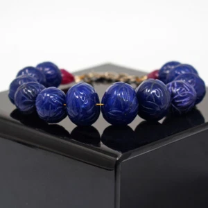 336 Cts Earth Mined 6" Long Blue Sapphire & Ruby Carved Beads Bracelet SK 33E351 - Picture 1 of 3