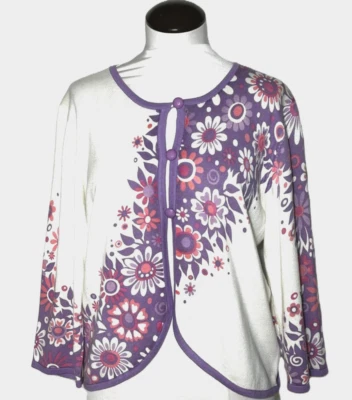 NUEVO Suéter Cárdigan Artístico Usable Bob Mackie Crema con Flores Púrpura Claro Mediano Foto 1 de 3