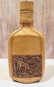 Light Beige Leather Flask Bottle Felt Bottom With Deer And Mountain Scene - Picture 1 of 11