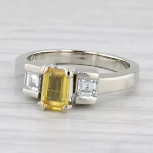 0.95ctw Emerald Cut Yellow Sapphire Diamond Ring 14k White Gold Size 5 - Picture 1 of 10