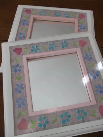 2 MOSAIC WALL DECOR ~MIRRORS 10 X 10~ PINK HEARTS -GREEN LEAVES -BLUE FLOWERS~ Cover