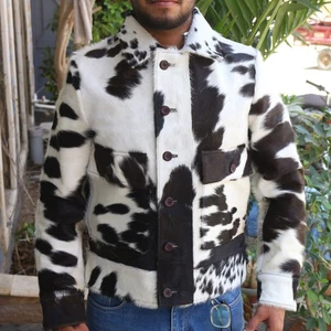Herren Echt Rindsleder Haar-On Jacke Cowboy Style Ponyfell Lederjacke-Mantel - Bild 1 von 8