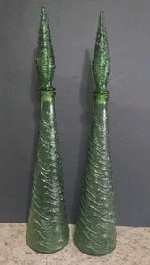 SET OF 2 VINT MCM 22.5” GREEN GLASS EMPOLI WAVE GENIE BOTTLE DECANTER W/STOPPER - Picture 1 of 8