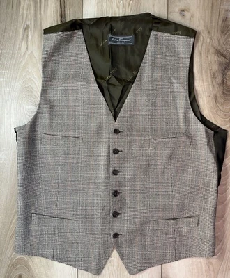 SALVATORE FERRAGAMO 100% Wool Vest Plaid 4 Pocket Brown MADE IN ITALY - Image 1 of 4
