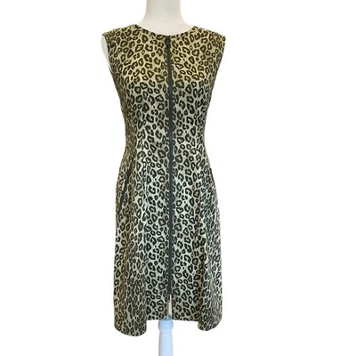 Lafayette 148 New York Size Small Sleeveless Zip Front Olive Animal Print Dress  - Image 1 of 4