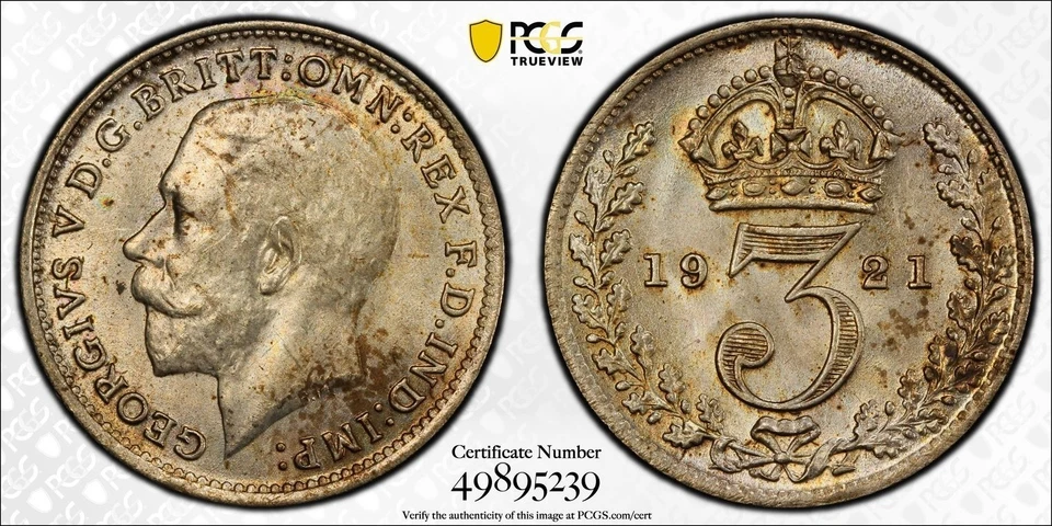 Great Britain PCGS MS-64 1921 Silver 3d! Key Date! - Image 1 of 1