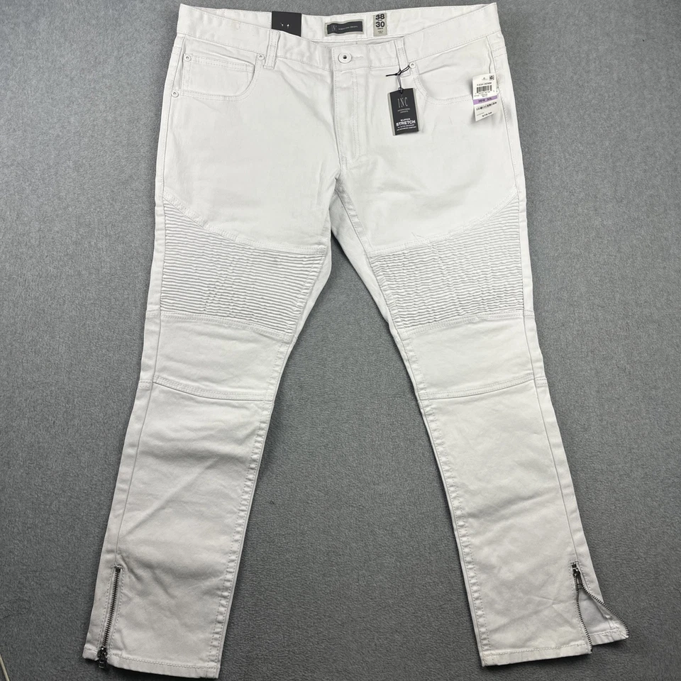 INC Jeans Mens 38x30 White Stockholm Skinny Fit Super Stretch Moto Zippered New - Image 1 of 4