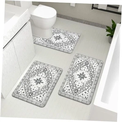  Juegos de alfombras de baño Boho vintage 3 piezas alfombras de baño suaves antideslizantes grises con U  Foto 1 de 4