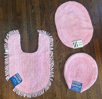 Juego De Colección Años 50-60 Algodón Chenilla Pétalo Rosa Alfombra Baño Alfombra Asiento Inodoro Cubierta MCM Foto 1 de 4