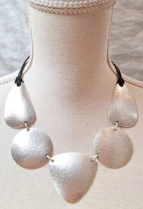 Hammered Geometric Disc Pewter Statement Collar Necklace Black Suede Cord Boho - Picture 1 of 8