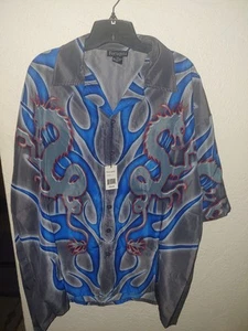 FERUGINI CAMICIA HAWAIANA VINTAGE BLU E GRIGIA DOPPIO DRAGO XXL - Foto 1 di 6