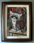 GIG Big Green Eyes Pity Kitty Cat Mid Century Framed 13”x 17”