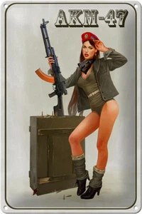 Escudo de chapa rifle 20x30 cm Pinup Kalashnikov AKM-47 decoración escudo estaño sign - Imagen 1 de 5
