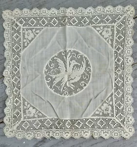 Antique Victorian Lace Linen Handkerchief Birds Double Phoenix - Picture 1 of 21