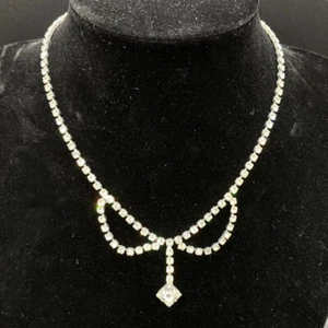 Vtg Silver Tone Clear Rhinestone Prong Set Collar Necklace Prom Wedding 15" Long - Picture 1 of 7