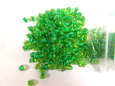 100 Miyuki Transparent Color-Lined Yellow & Green Glass TRIANGLE BEADS - Image 1 of 2
