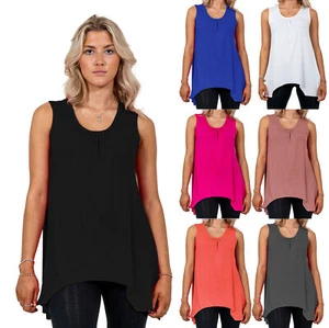 Ladies Top T-Shirt Sleeveless Hanky Hem Gathered Flared Swing Plus Size 8-26 - Picture 1 of 11