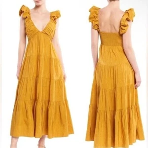 Jason Wu Womens Linen Blend Goldenrod Tiered Maxi Dress Sz M Boho Wedding Guest - Picture 1 of 11
