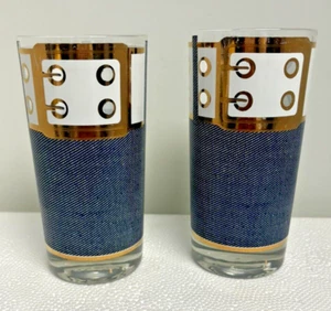 Cera Blue Jeans Tom Collins High Ball Glasses Demin Belt Buckle Hipster Retro - Picture 1 of 6