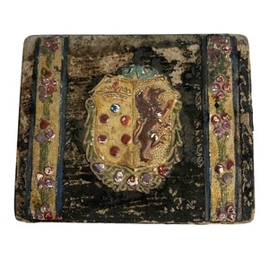 Antique Handcrafted Italian Leather Wood Trinket Box Floral Heraldic Crest - Picture 1 of 15