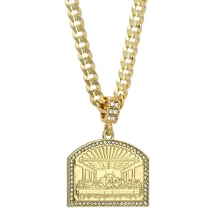 Mens 14k Gold Plated LAST SUPPER Pendant Cubic-Zirconia 24" Cuban #98 Chain - Picture 1 of 4