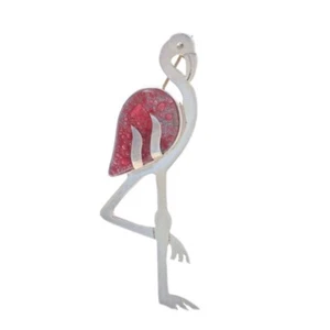 Sterling Silver Resin Flamingo Brooch - 925 Tropical Bird Pin - Picture 1 of 7