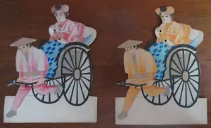 Vintage Set 2 asiatische Tischkarten GEISHA Mann zieht Rikscha unbenutzt JAPANISCH - Bild 1 von 8