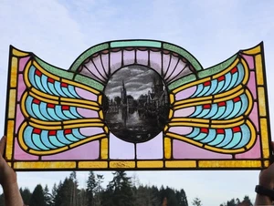 36" Wide Antique French Art Deco Stained Glass Panel of Bruges w/Copper Frame - Picture 1 of 19