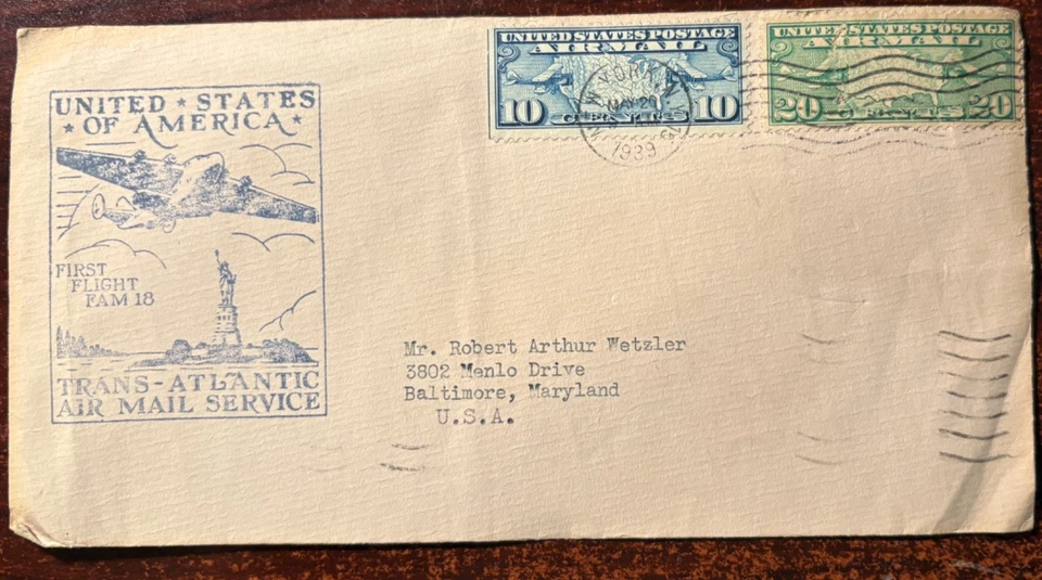 First Flight FAM 18 Trans-Atlantic Air Mail Service with C7 and C9, minor crease - Image 1 of 1